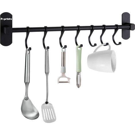 Support mural en acier inoxydable pour ustensiles de cuisine Support avec 6 crochets Barre de cuisine murale en aluminium Support mural pour ustensiles de cuisine (Noir) (1/4)