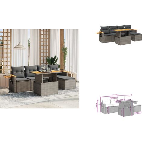 Salon de jardin 6 pcs avec coussins gris résine tressée - Ensemble Salon De Jardin - Meuble Extérieur - Résine Tressée - Rotin Synthétique - Table Extensible (1/3)