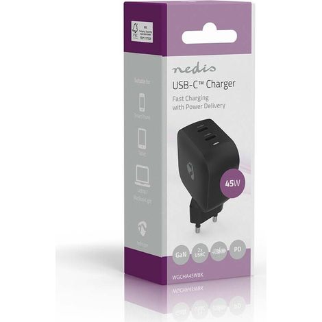 Nedis Netzladegerät / GaN / PD3.0 / 2.25 A / 3.0 A / Anzahl der Ausgänge: 2 / 2x USB-C™ / Automatische Spannungswahl / Schwarz