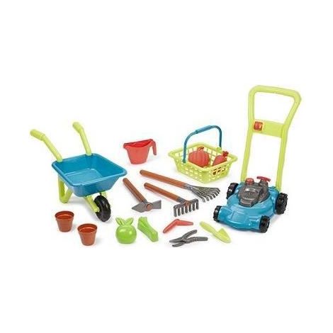 Pack jardin 16 pièces – Tondeuse avec variateur de vitesse – Panier avec 10 accessoires – Ramasse-feuilles, pioche, râteau, brouette – Ecoiffier (1/6)