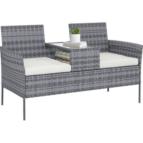 Banc de Jardin en résine tressée 2 Places avec Table et Coussins - 135 x 64 x 81 cm - pour Balcon et Terrasse Noir