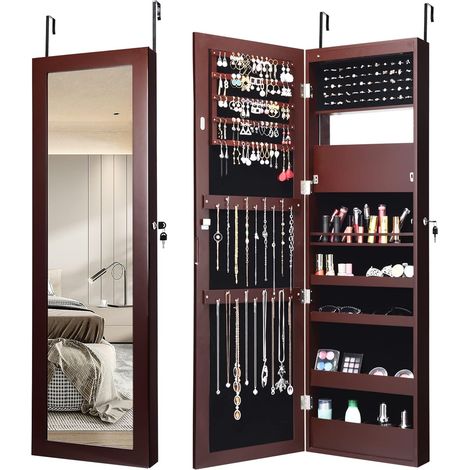 COSTWAY Armario para Joyas con Espejo de 12 LED, Espejo Joyero de 120 cm con Cerradura, Organizador de Armario Joyero Montado en Pared o Puerta con Estantes Forrados, Ganchos (Marrón) (1/5)
