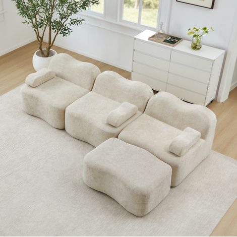Canapé d’angle modulaire 3 places beige en velours avec ottoman et assise profonde (1/5)