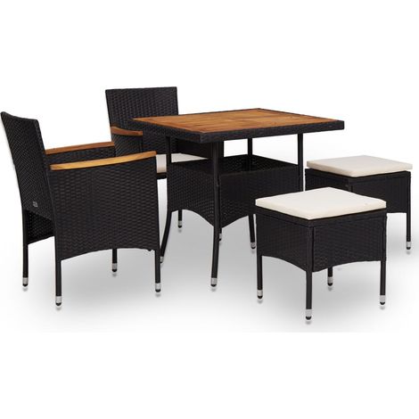 5-tlg. Garten-Essgruppe Schwarz Poly Rattan Akazie Massivholz