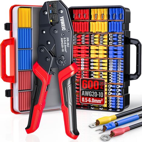 Pince à sertir isolée avec gaine thermorétractable – Pince ergonomique pour fils de 20 à 10 AWG, codées par couleur rouge/bleu/jaune, 490 bornes + 110 tubes thermorétractables pour réparation (1/5)