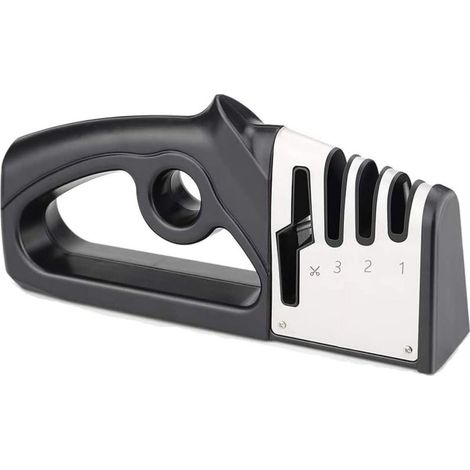 Afilador de cuchillos versátil, afilador rápido multifunción 4 en 1 con afilador de tijeras, afilado rápido para cuchillos de hueso y de fruta, base de goma antideslizante para uso en la cocina y exte (1/5)