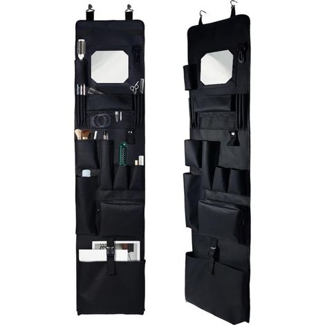 Casier à suspendre avec miroir, 28 x 132 cm, poches de rangement pour chaussures, stylos, médailles, mur pour crochets de porte, salle de sport, école, bureau, maison, noir (1/5)