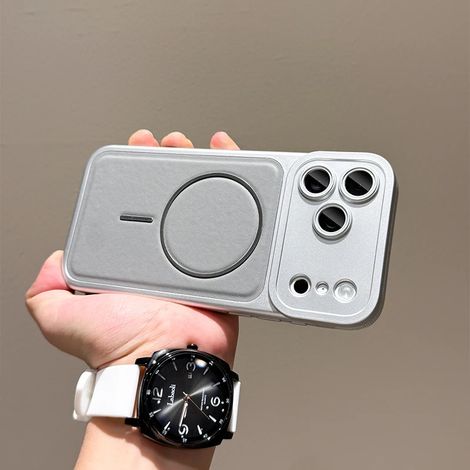 Étui de protection magnétique en cuir véritable pour iPhone 14 gris avec chargement sans fil (1/5)