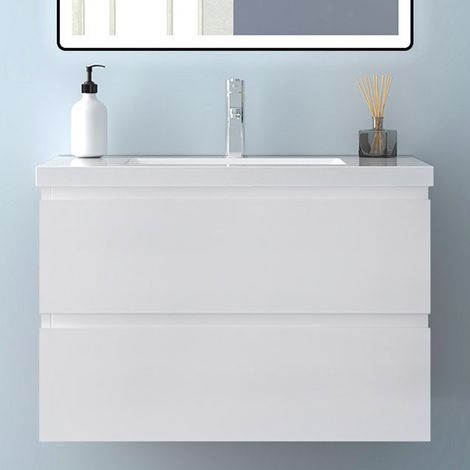 Mobile Bagno Sospeso Con Lavabo,Larghezza 79 cm,Con 2 Cassetti,Mobile Bagno in Stile Moderno Con Funzione di Chiusura Ammortizzata,Bianco Opaco. (1/5)