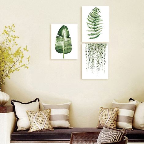 Ensemble de 3 tableaux sur toile de style champêtre représentant des plantes vertes, idéal pour une décoration moderne de salon ou de chambre. (1/5)