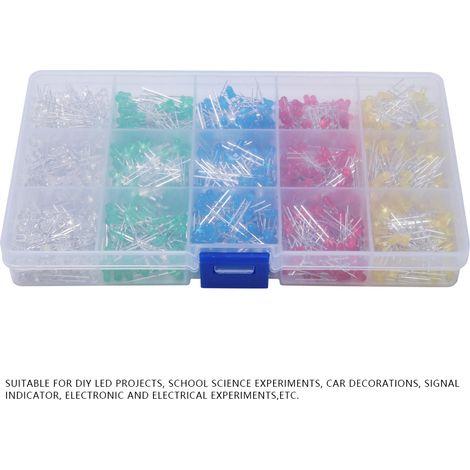 1000 pièces diodes LED 3 mm multicolores rouge/jaune/bleu/vert/blanc coffret de rangement (1/5)
