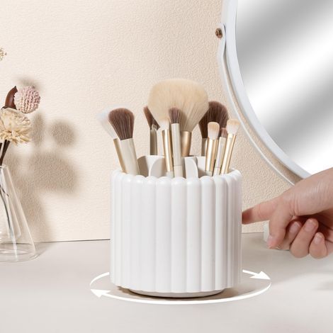 Porte-pinceaux de maquillage rotatif à 360°, boîte de rangement à 7 compartiments, support rotatif amovible pour pinceaux, idéal pour coiffeuse ou bureau, blanc. (1/4)