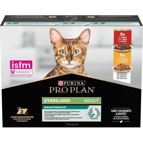 PURINA Pro Plan Bœuf et poulet stérilisés en sauce Multipack - nourriture humide pour chats - 10x85 g (1/3)