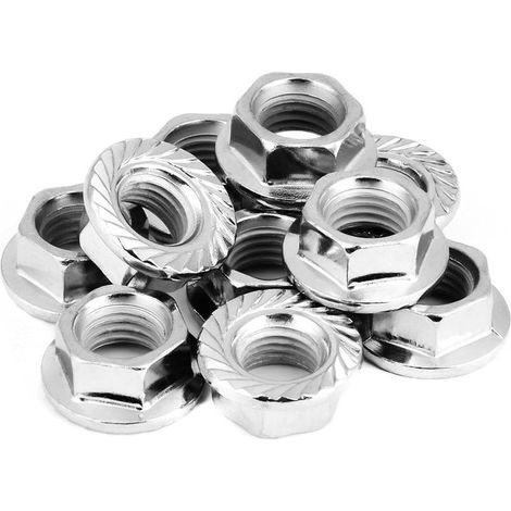 Lot 10 écrous blocage hexagonaux – bride dentelée – fer chromé – M10x1.25 mm – fenêtre / porte / roue – brillant (1/5)