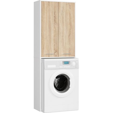 Akord – Meuble machine à laver blanc 64 cm – 2 portes chêne sonoma – 4 étagères – Dimensions 64x30x180 cm – Panneau stratifié