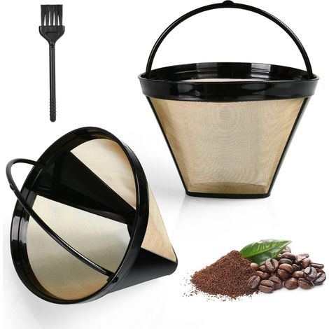 Reusable Coffee Filter, 2pcs Size 4 Filters with Brush, Permanent Coffee Filter with Handle, Cone Style Coffee Filters with Washable Mesh Basket for Coffee Machines, gold