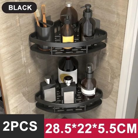 (StyleA-Noir-2PCS) Étagère de salle de bain/rangement de cuisine en alliage d'aluminium, porte-shampoing, étagère de douche, accessoires de salle de bain, étagère sans perçage (1/5)