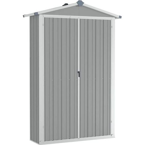 Cabane de jardin grise, mesurant 116 x 45 x 175 cm, en acier galvanisé. (1/5)