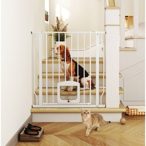 Barrière de sécurité pour chien avec chatière, 75-85 cm, acier, blanche DESVIAE (1/5)