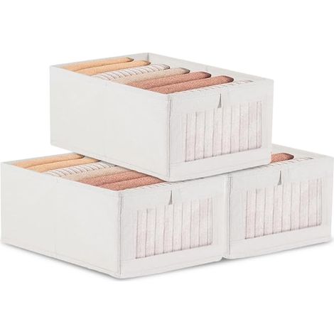 Bac de Rangement Tissus, 40x 27x 16.5 cm Boîtes de Rangement Boite Rangement Pliable avec Fenêtre Transparente, pour Armoire, Vêtements, Livres, Cosmétiques, Jouets (Beige) (1/5)