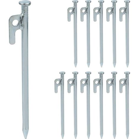 Piquets de Fixation, lot 12, pour tentes, tonnelles, auvents, Crochets en Acier pour sols durs, 20 cm, argenté (1/5)