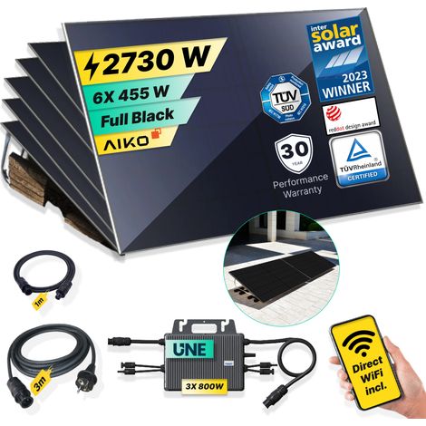 ROBINSUN®️ Kit Solar Enchufable Performance Flat 2.730Wp, 6 paneles Aiko 455Wp + 3 Microinversores 800W con Wifi incluído +Cable 3m + 6 Fijaciones 20º