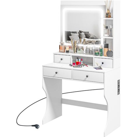 Set per nail art dei piedi con luci LED tricolore, specchio, postazione trucco con prese USB, 4 cassetti e ripiani, 90x45x160 cm, bianco.