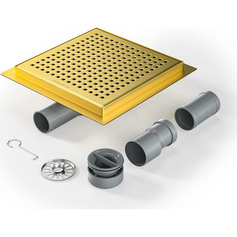 Caniveau de douche carré 20 20 cm, siphon 360° avec anti-odeurs et tamis à cheveux, gouttière d'écoulement en acier inoxydable, écoulement de sol très plat DN50 DN40, or, 20CM-OR (1/5)