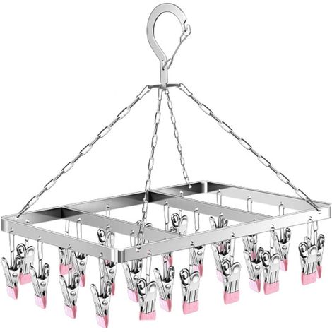 Drehbarer, winddichter Sockenständer, Wäscheleinen-Sockenständer, drehbarer Sockentrocknerhaken aus Edelstahl, 26 cm Unterwäschetrockner mit Nagelclips (rosa) (1/5)