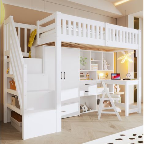 Lit enfant mezzanine 90 x 200 cm avec bureau, armoire et rangements, blanc HAVRYA (1/5)
