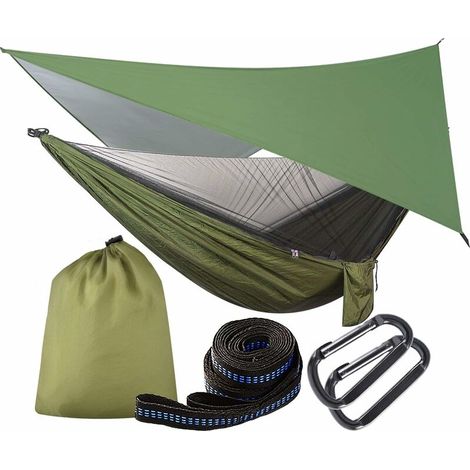 Hamac avec Moustiquaire et Bâche et Sangles 200kg Capacité de Charge 290 x 140 cm Hamac Double en Nylon Respirant pour Jardin Exterieur Voyage Randonnée Camping - Armée Verte (1/5)