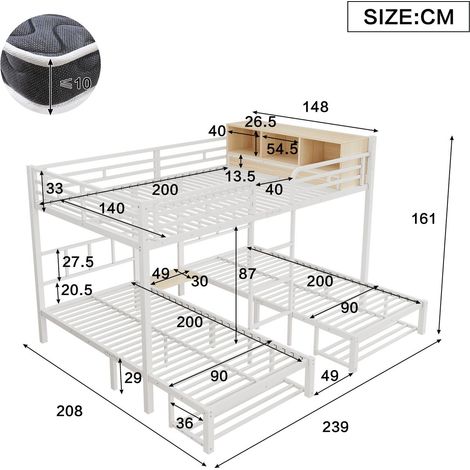 Lit superposé 140 x 200 + 90 x 200 cm 3 couchages structure en métal finition blanche étagère ouverte range-chaussures échelle (1/5)