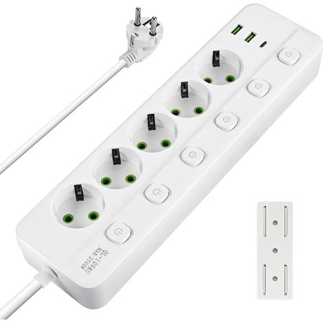 Multiprise commutable individuellement, 5 prises avec 2 ports USB B et type C, montage mural, 2500 W, câble d'extension de 2 m, avec support de bande, blanc (1/5)