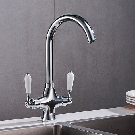 Küchenarmatur aus massivem Messing, englischer Retro-Stil mit Keramik-Kreuzgriffen, Mischbatterie für warmes und kaltes Wasser für Haushaltsspülbecken-lsw
