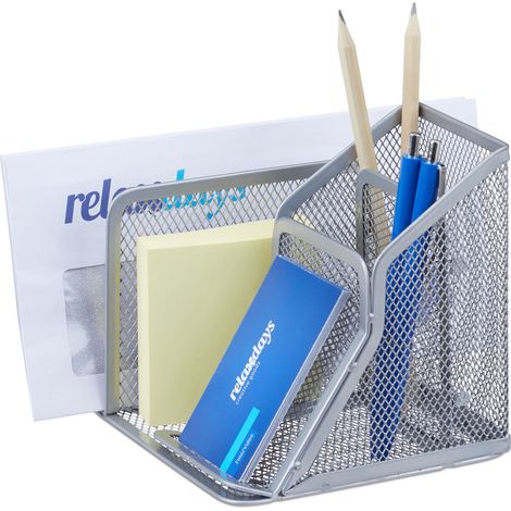 Relaxdays Schreibtischorganizer Mesh, Stiftehalter mit Zettelhalter & Briefständer, HxBxT: 13,5 x 15 x 13 cm, silber
