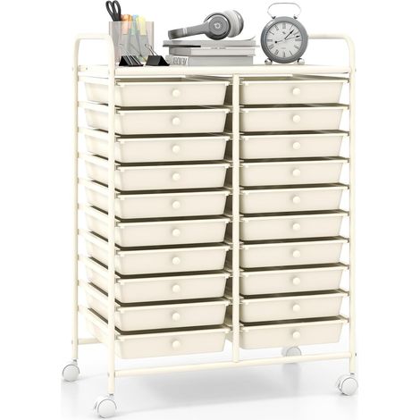 GOPLUS Desserte à Roulettes avec 20 Tiroirs Amovibles en Plastique, 63 x 38 x 89 CM, Chariot de Rangement à Roulettes Verrouillable, Cadre en Acier, Poignée Latéral, pour Chambre, Bureau (Blanc) (1/5)