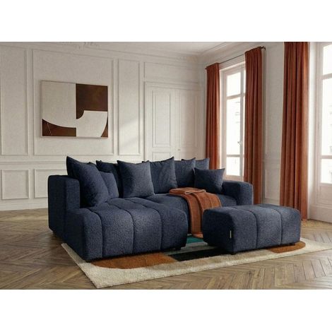 BOBOCHIC - Canapé d'angle L convertible coffre ROXELANE tissu bouclette avec pouf Angle gauche  Bleu foncé (1/4)