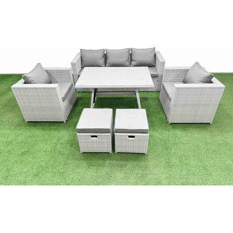 Fimous 7 Pieces Outdoor PE Rattan Sofa Armchair Set Patio Garden Furniture Sets with Cushions 2 Small Stools Light Grey (1/4)