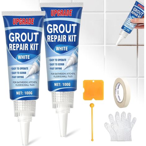Kit de réparation pour joints de carrelage, lot de 2 (200 g), Joint Carrelage blanc avec kit d'outils 5 pièces, Stylo à joint blanc, séchage rapide et imperméable, pour jointt de sols et murs (1/5)
