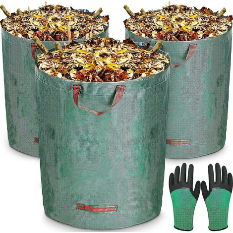 Lot de 3 sacs à déchets de jardin en polypropylène haute résistance de 272 L - Pliables, réutilisables, imperméables et munis de poignées (1/3)