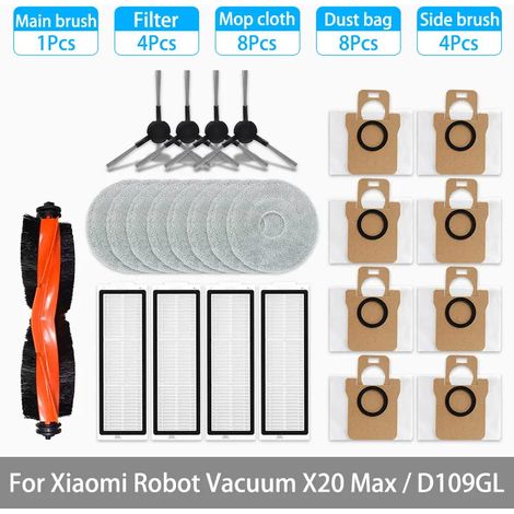 Kompatible Teile und Zubehör für den Xiaomi X20 Max / D109GL Saugroboter: Hauptbürste, Seitenbürste, HEPA-Filter, Reinigungstuch, Ersatzstaubbeutel – AquaForge (1/5)