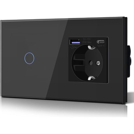 Prise double murale avec 20W USB et Type C, Prise USB C en verre, Charge rapide, 3 en 1, Installation facile, 1 Gang 1 Voie, 157mm Noir (1/5)