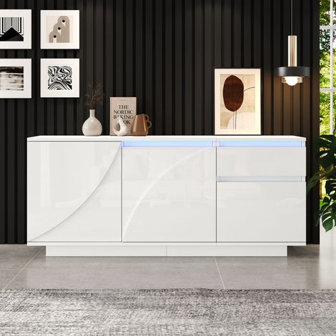 Buffet 1404060 cm avec 3 armoires, commode avec LED, buffet avec 1 tiroir, étagères réglables, meuble de salon haute brillance, MDF, blanc (1/5)