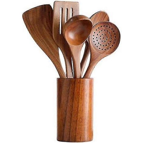 Cuillères en bois pour la cuisine, ensemble d'ustensiles en bois de teck, spatule en bois pour poêles antiadhésives, ensemble d'ustensiles de cuisine (1/2)
