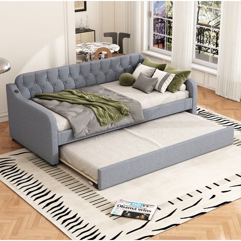 Canapé convertible 90x200 avec lit gigogne gris HAVRYA (1/5)