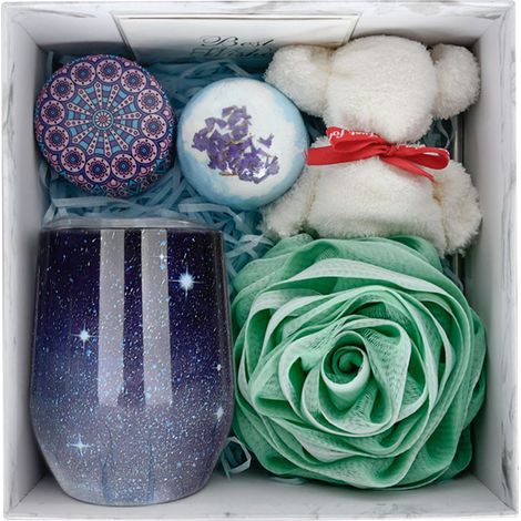 Ensemble de paniers-cadeaux spa de 12 oz avec verre à vin isolé en acier inoxydable, bougie parfumée en paille pour femme, mère, petite amie, bleu foncé (1/5)