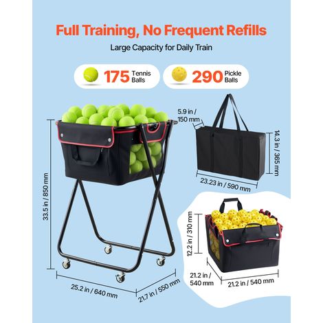 Chariot collecteur balles tennis, 175 balles ou 290 pickleballs, panier pliable transport roues ramassage facile, caddie baseball portable poche rangement, entrainement coach (1/5)