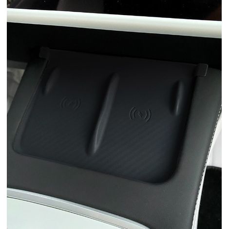 Kabelloses Ladepad für die Mittelkonsole von Tesla Model 3 und Model Y (Modelle 2021-2023), Carbonfaser-Textur, unterstützt kabelloses Laden, aus Silikon, Innenausstattung, Autozubehör.