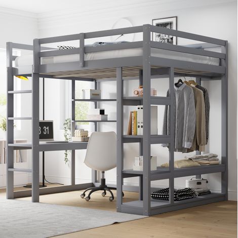 Hochbett 140x200 cm grau aus Holz mit Schreibtisch, Regalen und Kleiderstange (1/5)