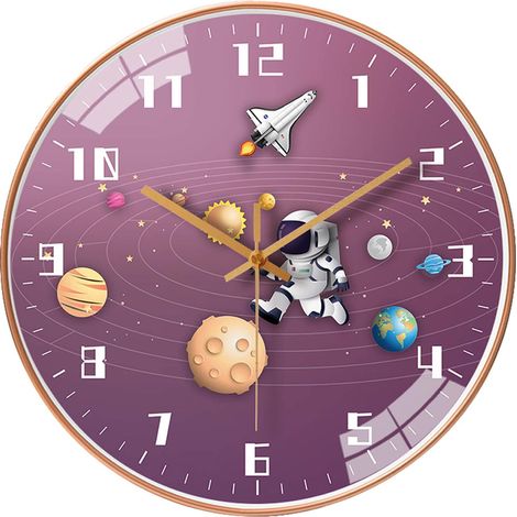 Horloge murale silencieuse pour enfants de 20 cm, horloge ronde sans tic-tac fonctionnant à piles, style voyage spatial, décoration pour la maison, l'école, la chambre de garçon ou le salon (rose) (1/5)